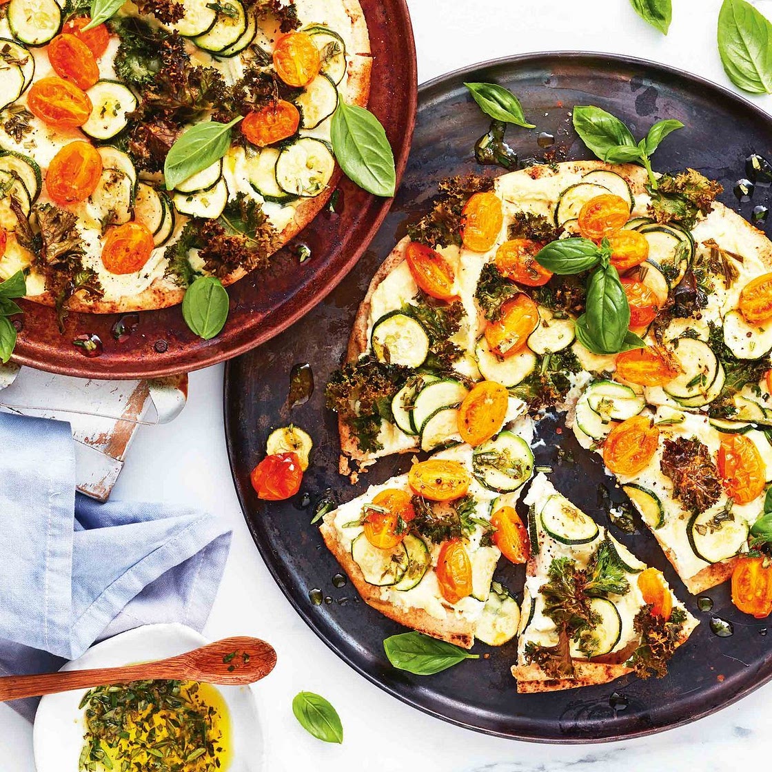 Speedy zucchini and ricotta pizza with crispy kale recipe