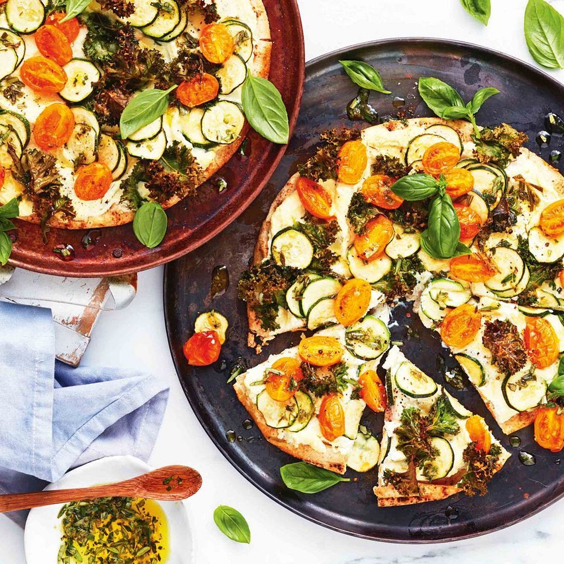 Speedy zucchini and ricotta pizza with crispy kale recipe