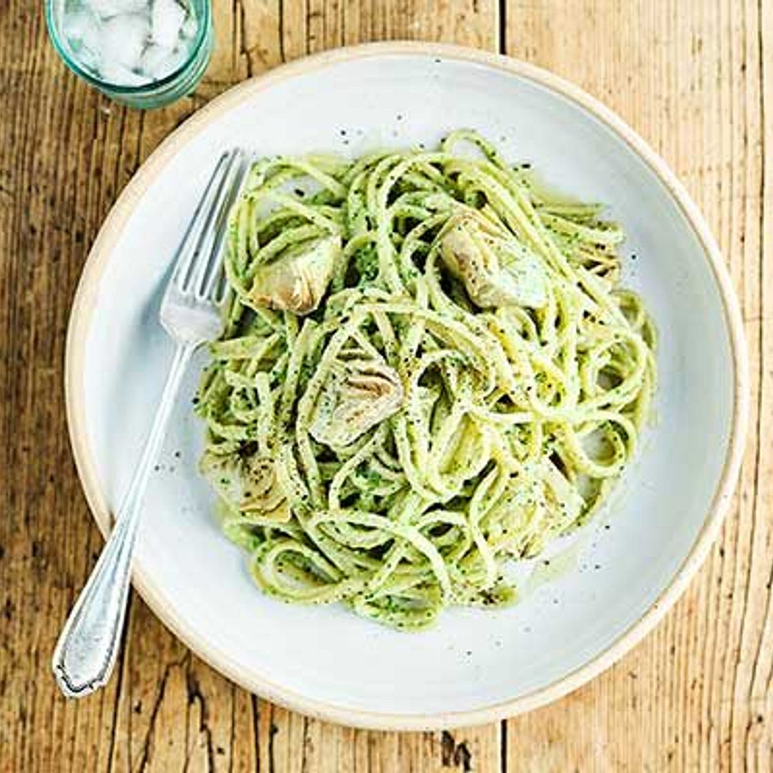 Artichoke & watercress linguine