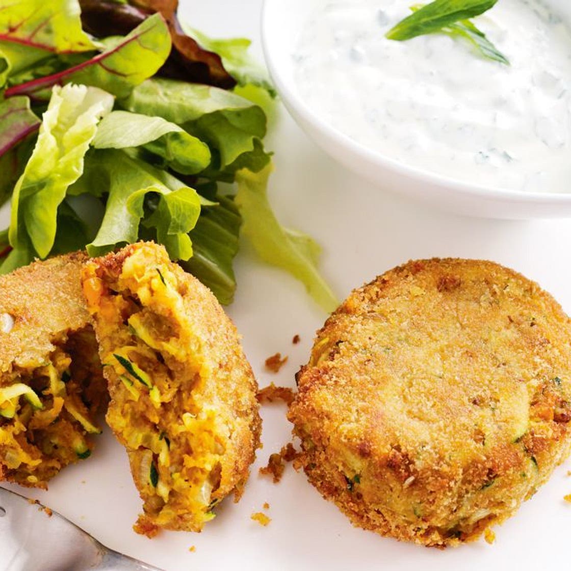 Curried lentil patties with minted yoghurt