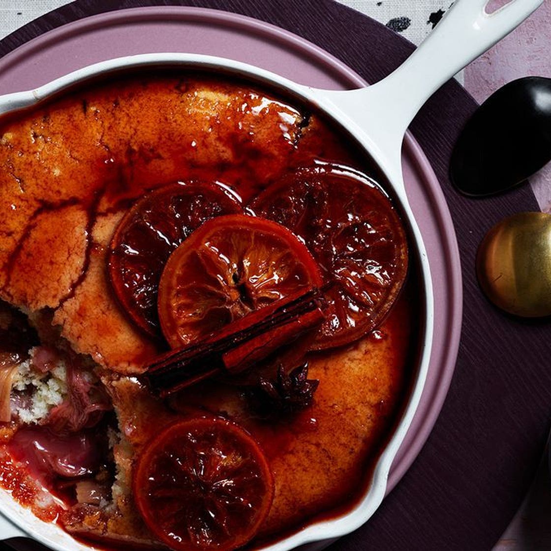 Vegan poached rhubarb and orange self-saucing pudding