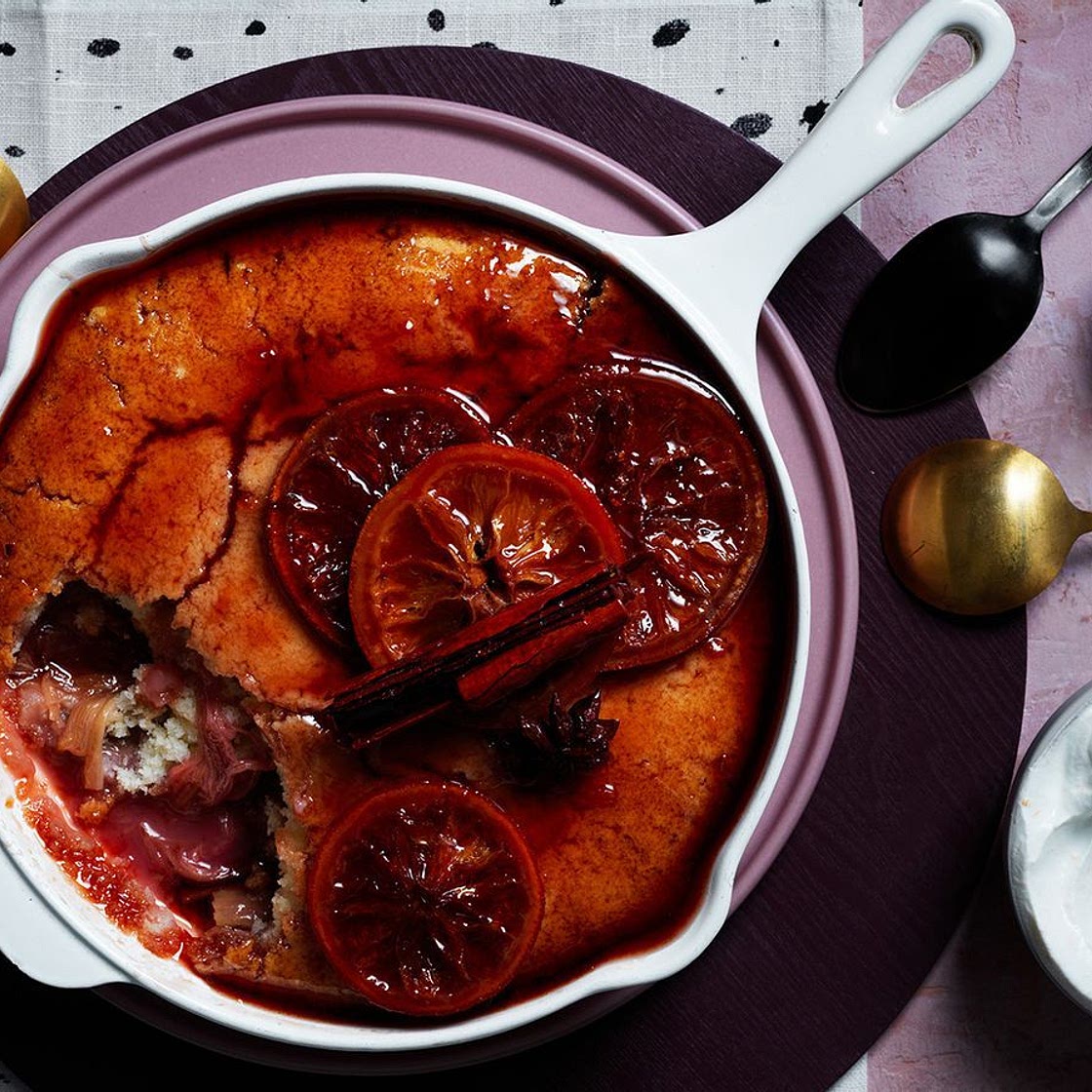Vegan poached rhubarb and orange self-saucing pudding