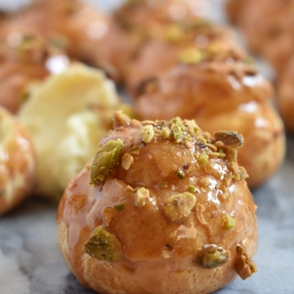 Choux Buns with Caramel and Pistachio