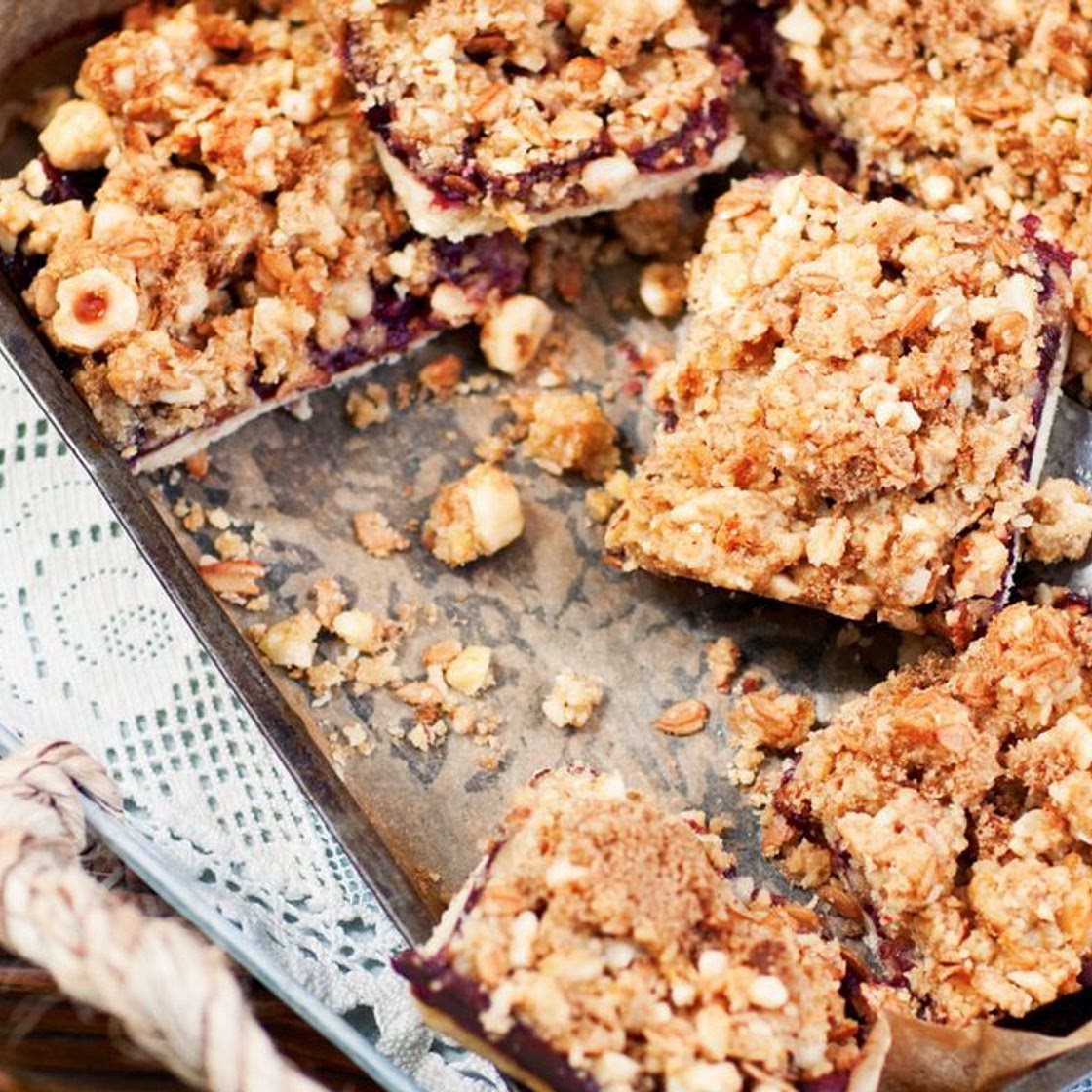 Apple and blackberry bars with hazelnut crumble