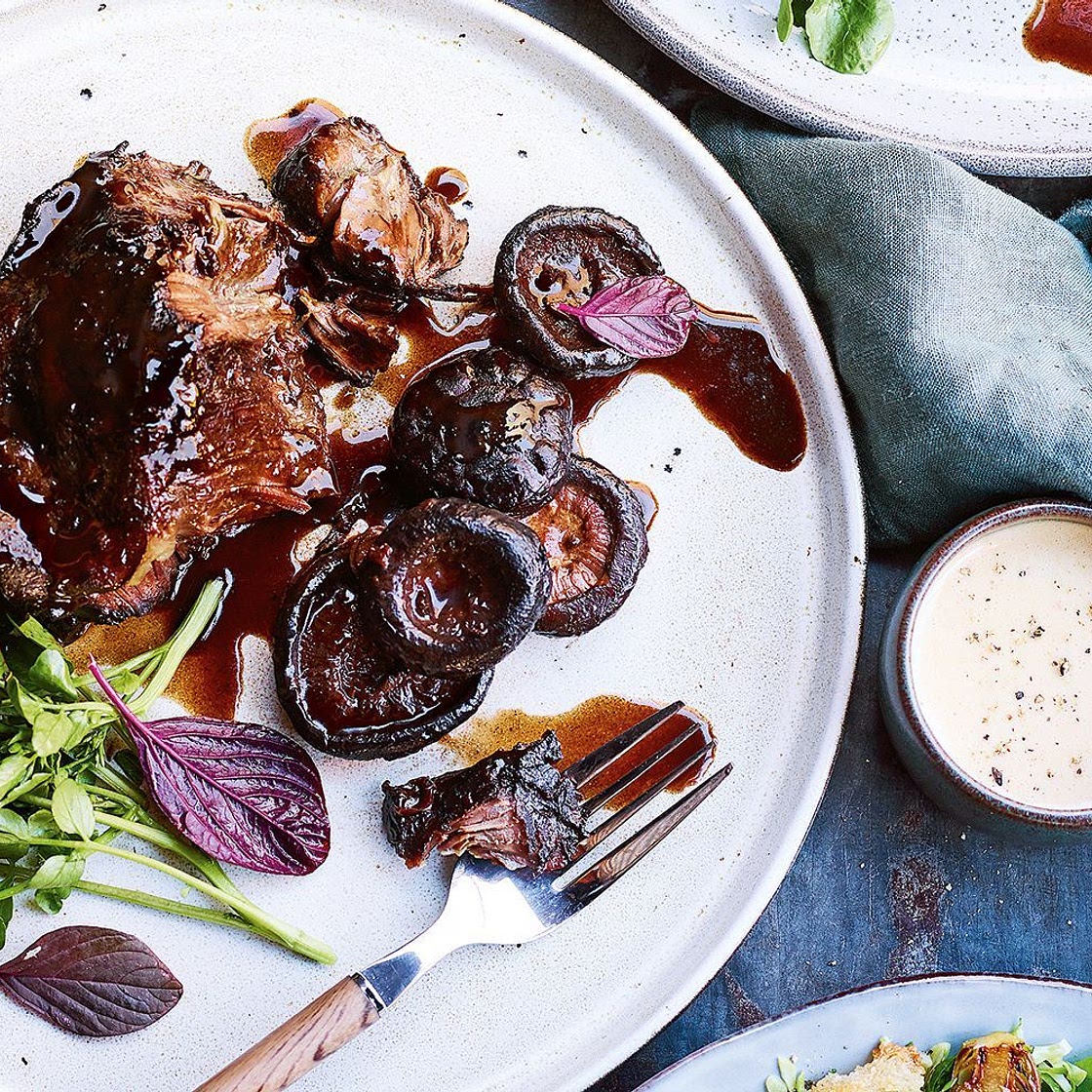 Slow-cooked beef cheeks with shiitake mushrooms