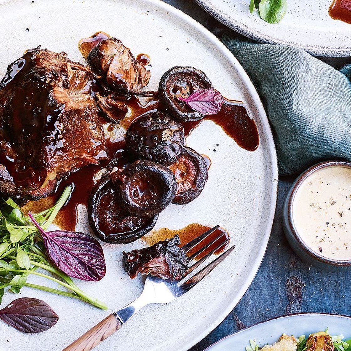 Slow-cooked beef cheeks with shiitake mushrooms