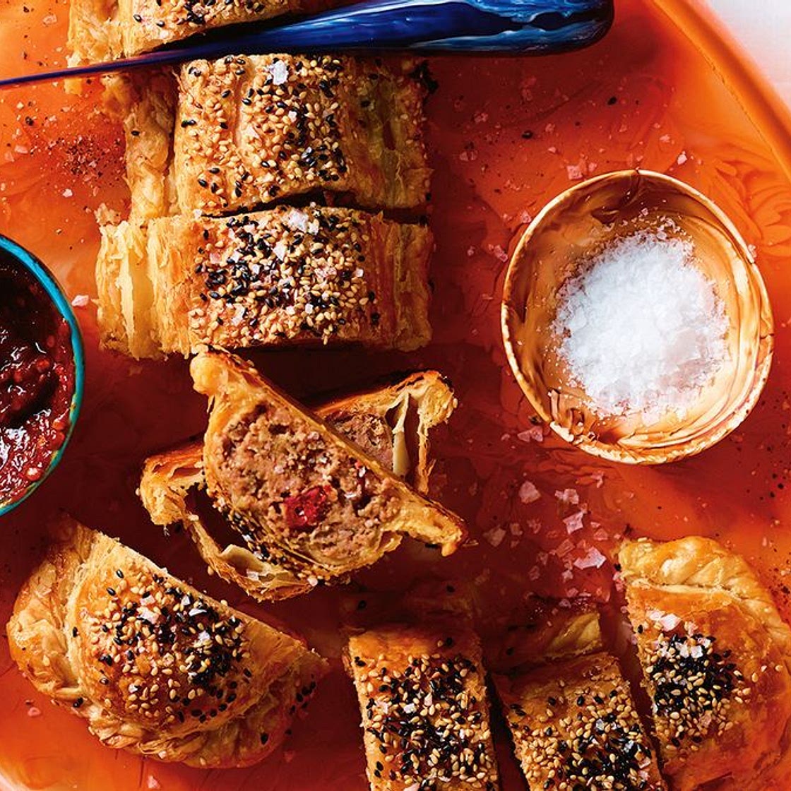 Pork and chorizo sausage rolls with chilli jam