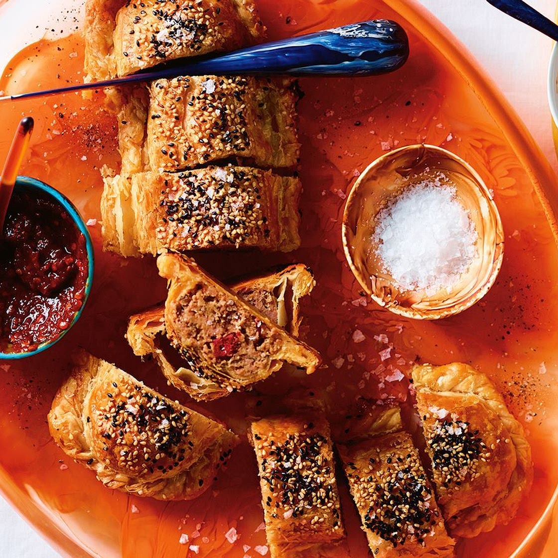 Pork and chorizo sausage rolls with chilli jam