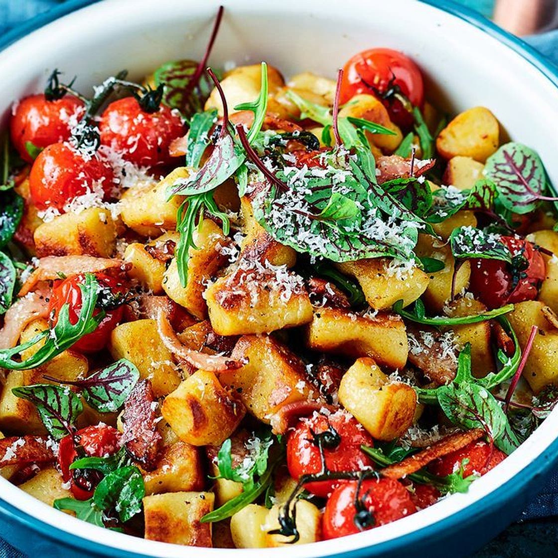Pan-fried ricotta gnocchi, tomatoes and bacon vinaigrette