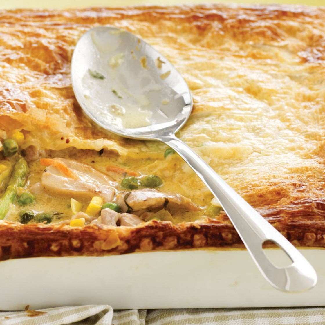 Chicken and leek casserole with flaky pastry