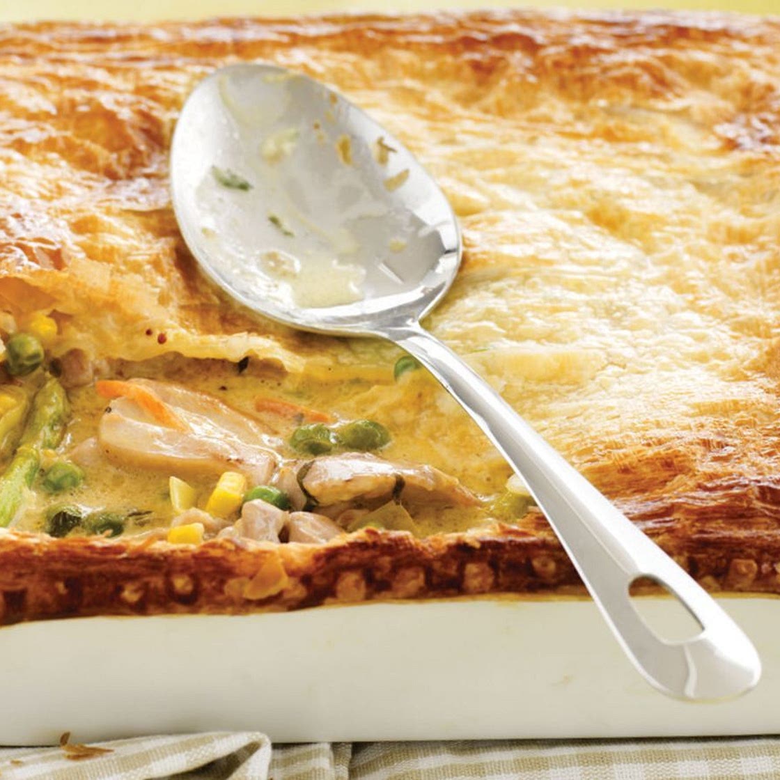 Chicken and leek casserole with flaky pastry