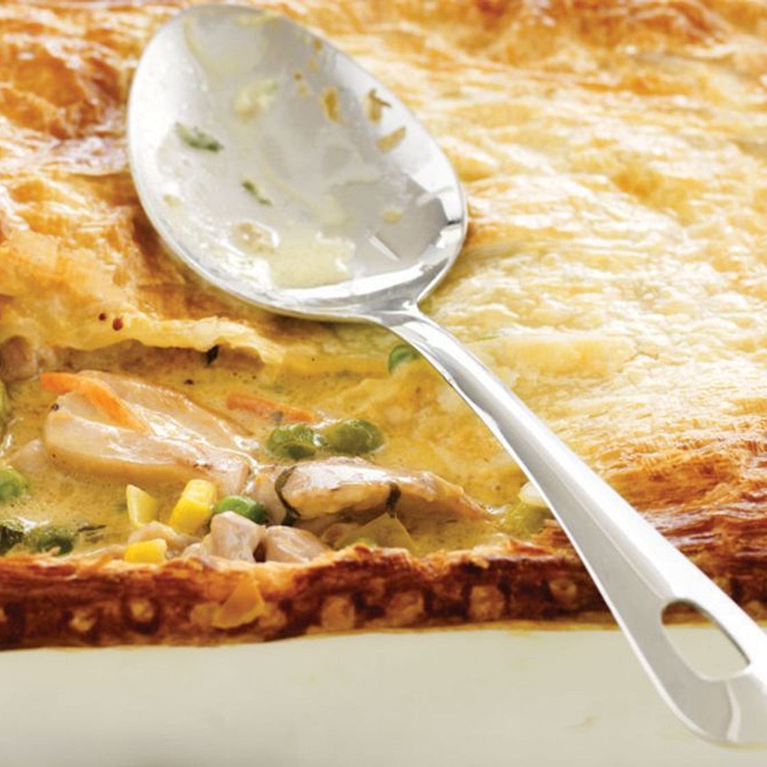 Chicken and leek casserole with flaky pastry