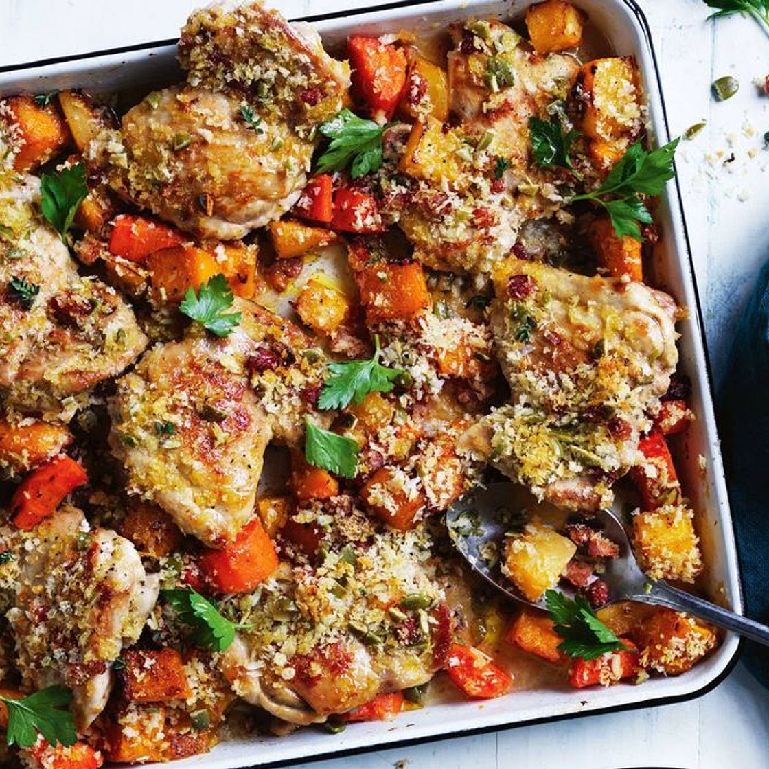 Baked chicken with pumpkin and chorizo