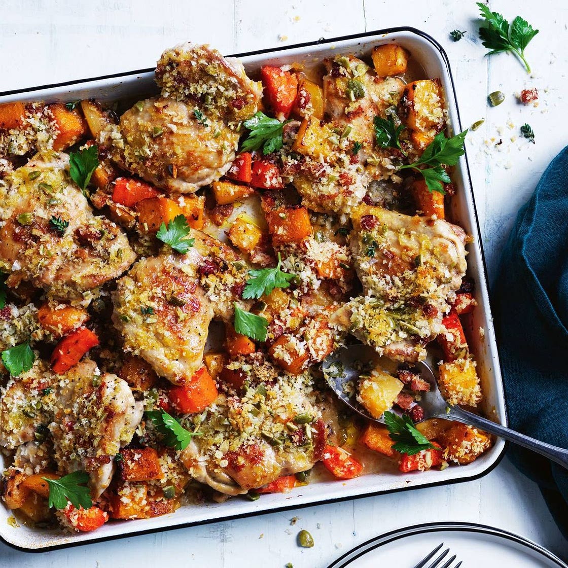 Baked chicken with pumpkin and chorizo