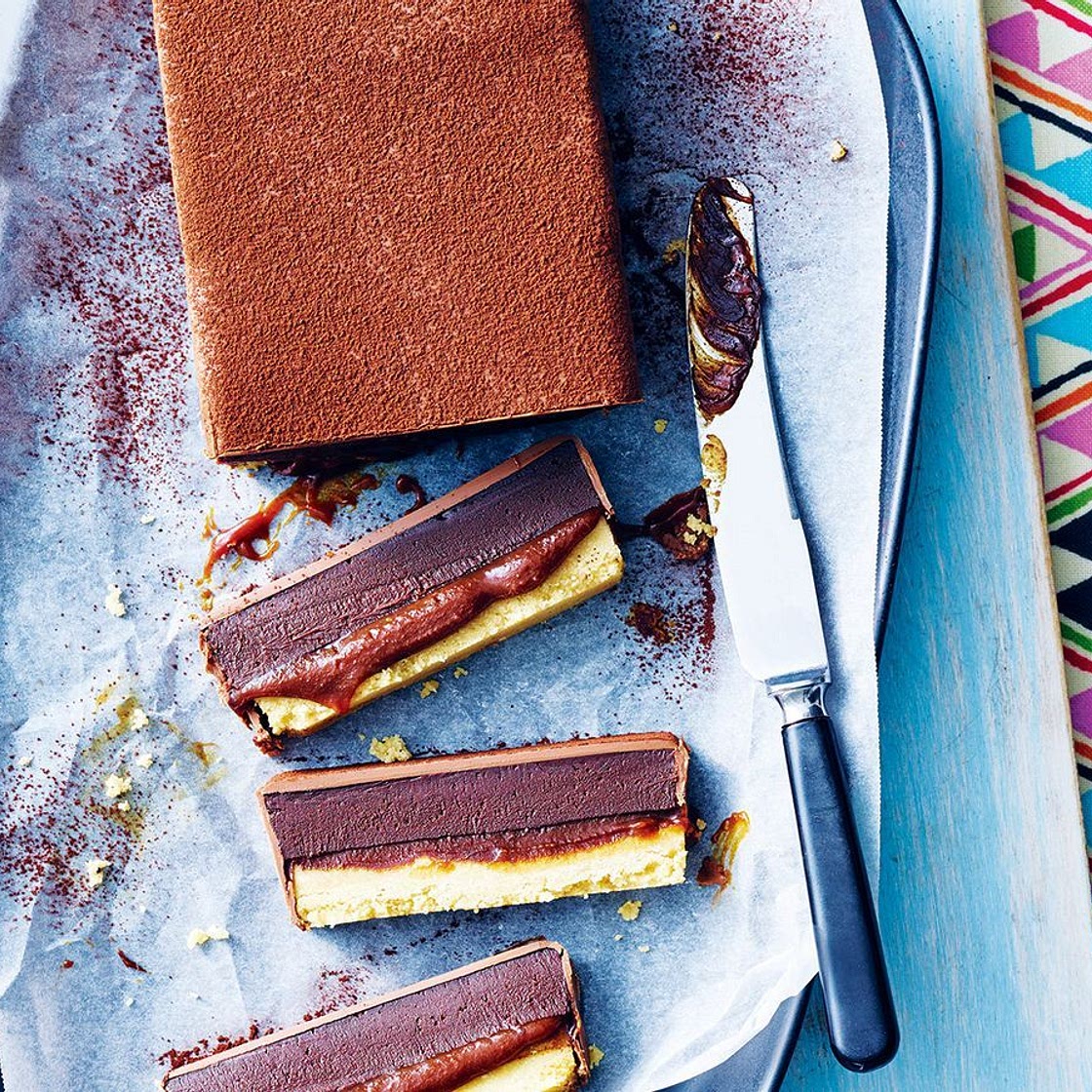 Chocolate and spearmint caramel slice