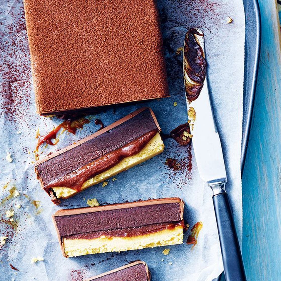 Chocolate and spearmint caramel slice