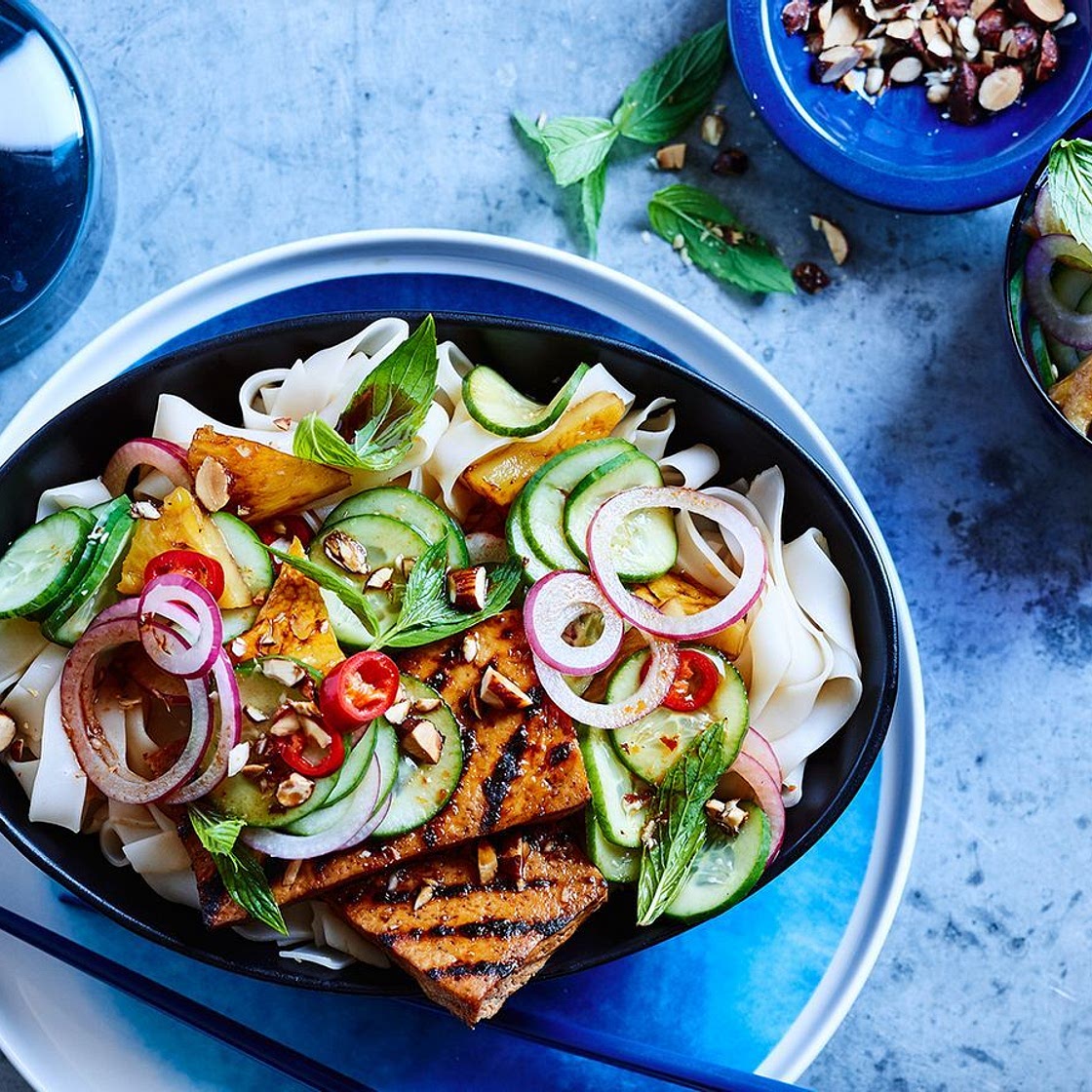 Marinated tofu noodle bowl with caramelised pineapple