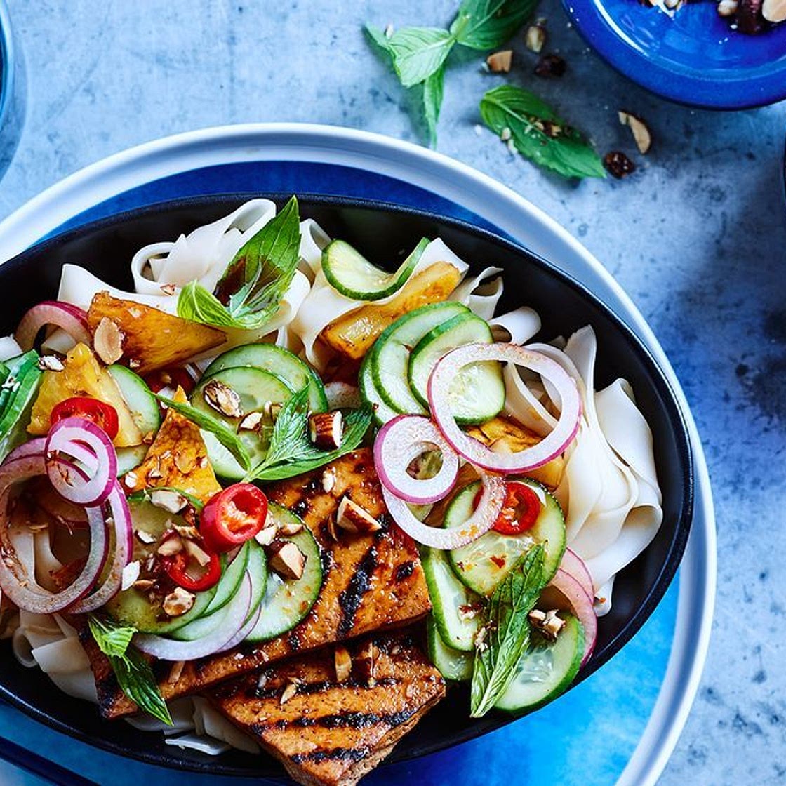 Marinated tofu noodle bowl with caramelised pineapple