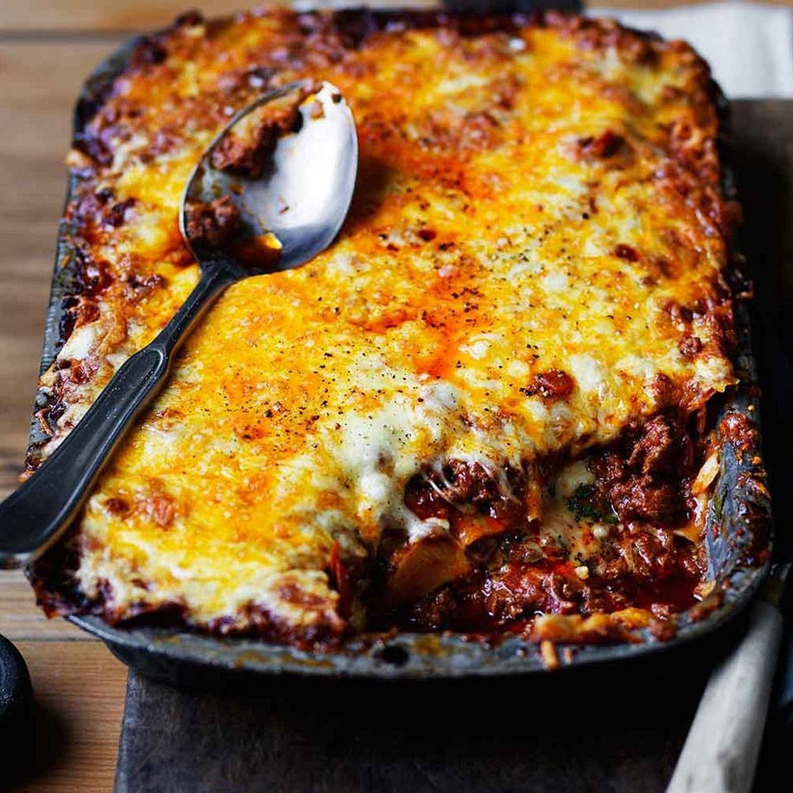 Three-meat three-cheese lasagne