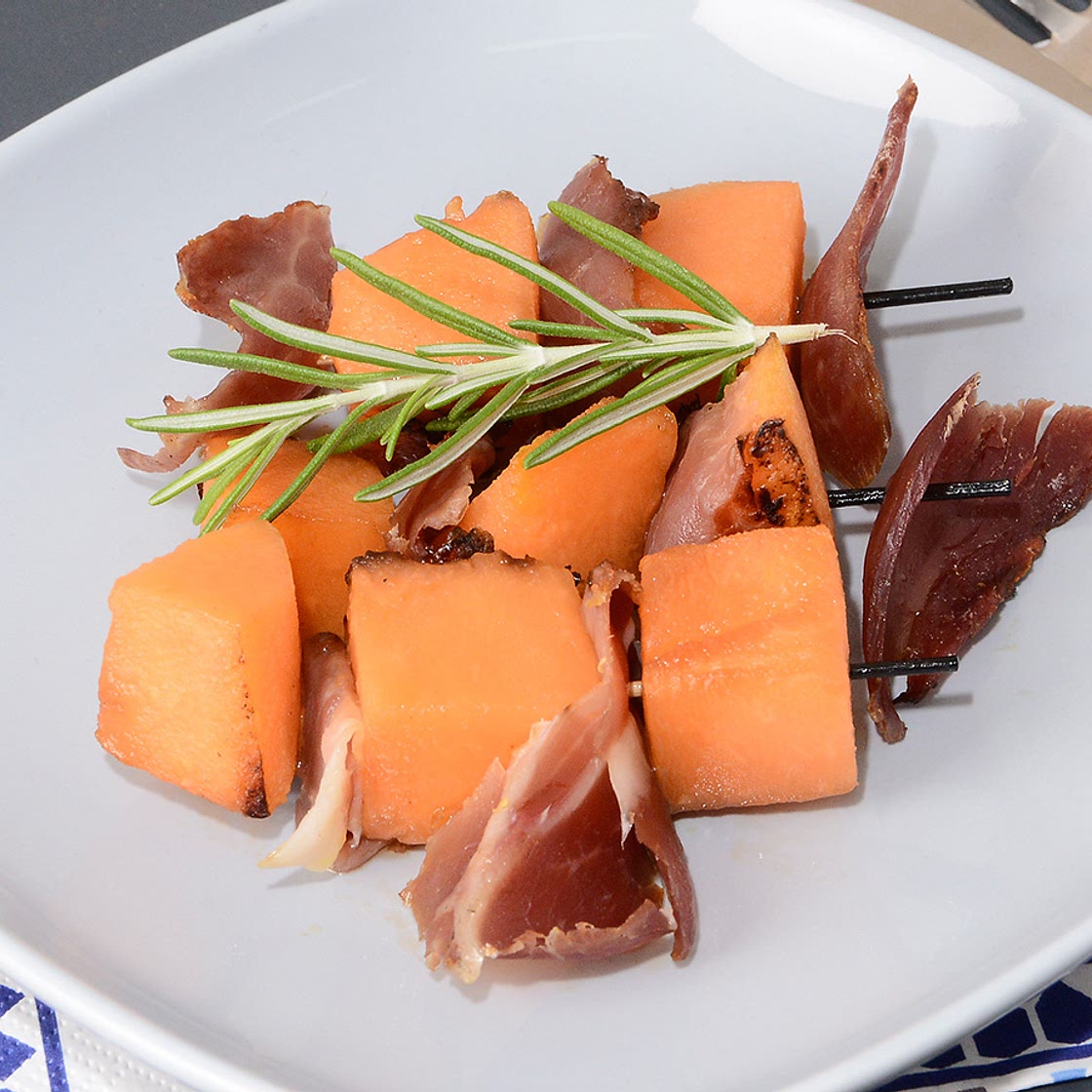 Brochetas de melón con jamón y Pedro Ximénez