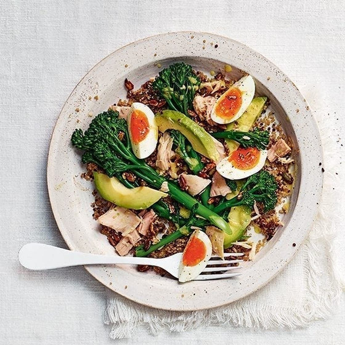 Quinoa, tenderstem broccoli, avocado and tuna salad