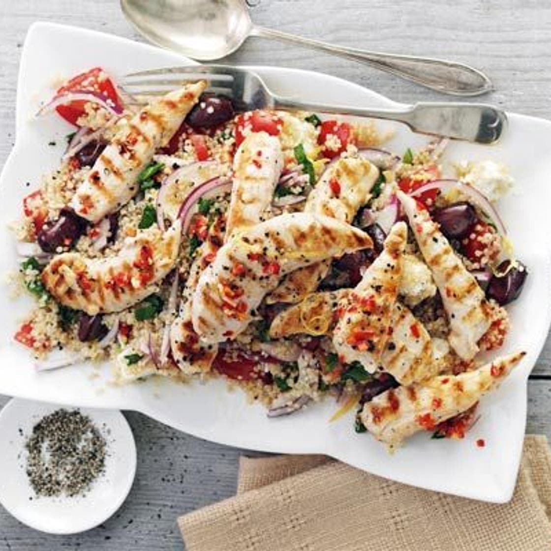 Griddled chicken with quinoa Greek salad