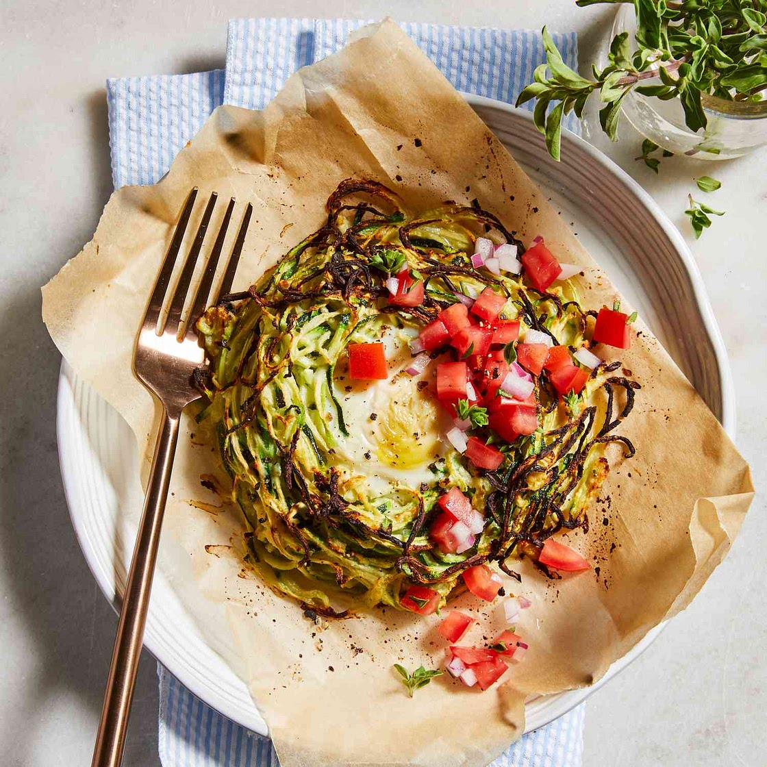 Air-Fryer Zucchini Noodle Hash with Eggs