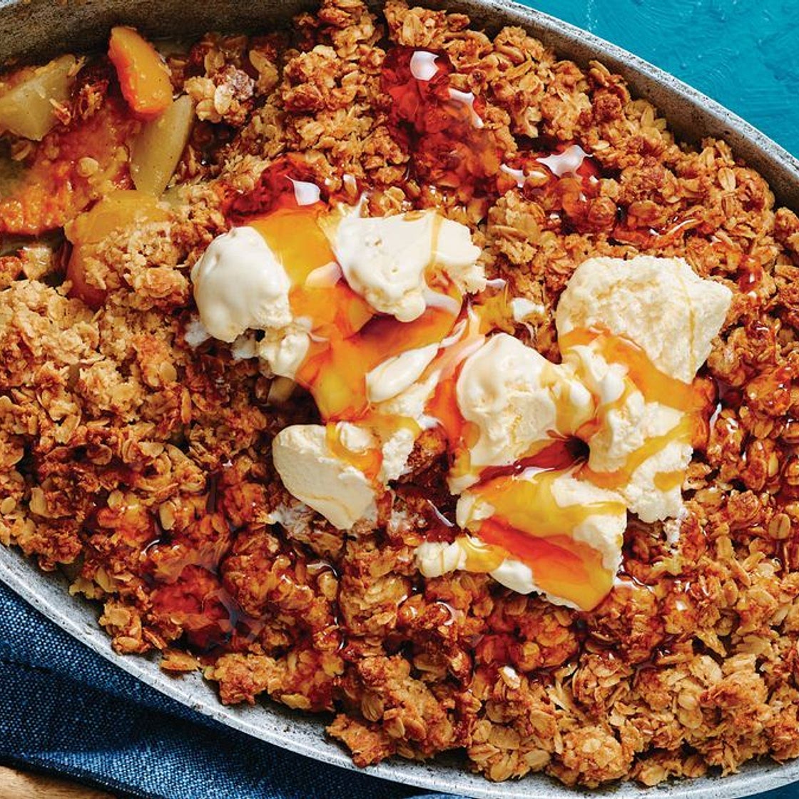 Apricot, pear and ANZAC biscuit crumble recipe
