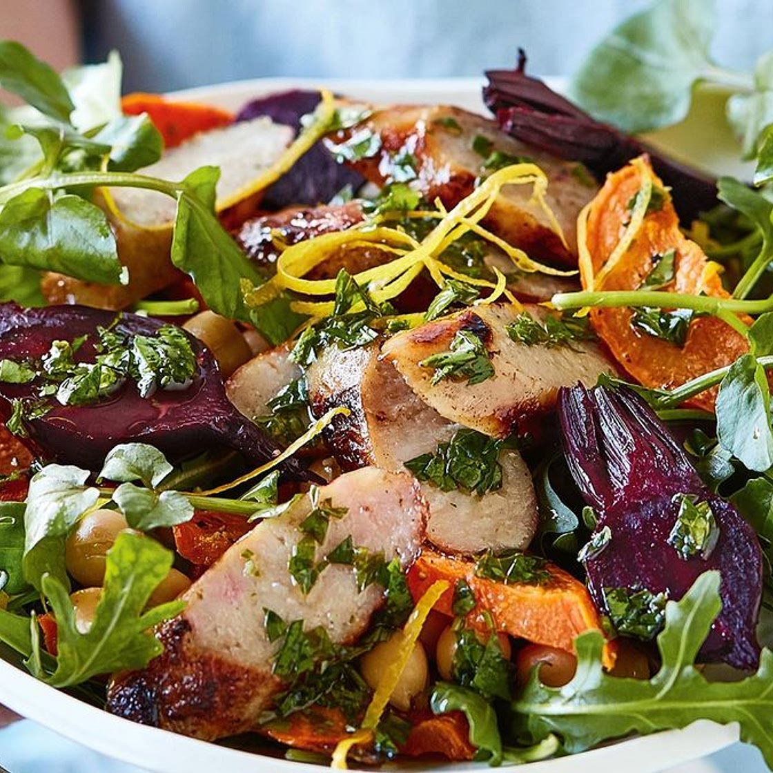 BBQ chicken sausage and roasted veggie salad