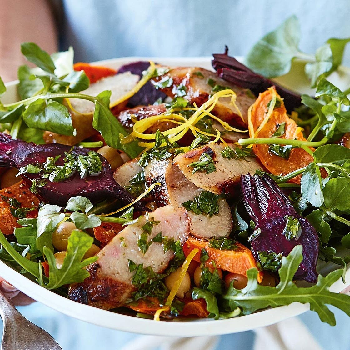 BBQ chicken sausage and roasted veggie salad