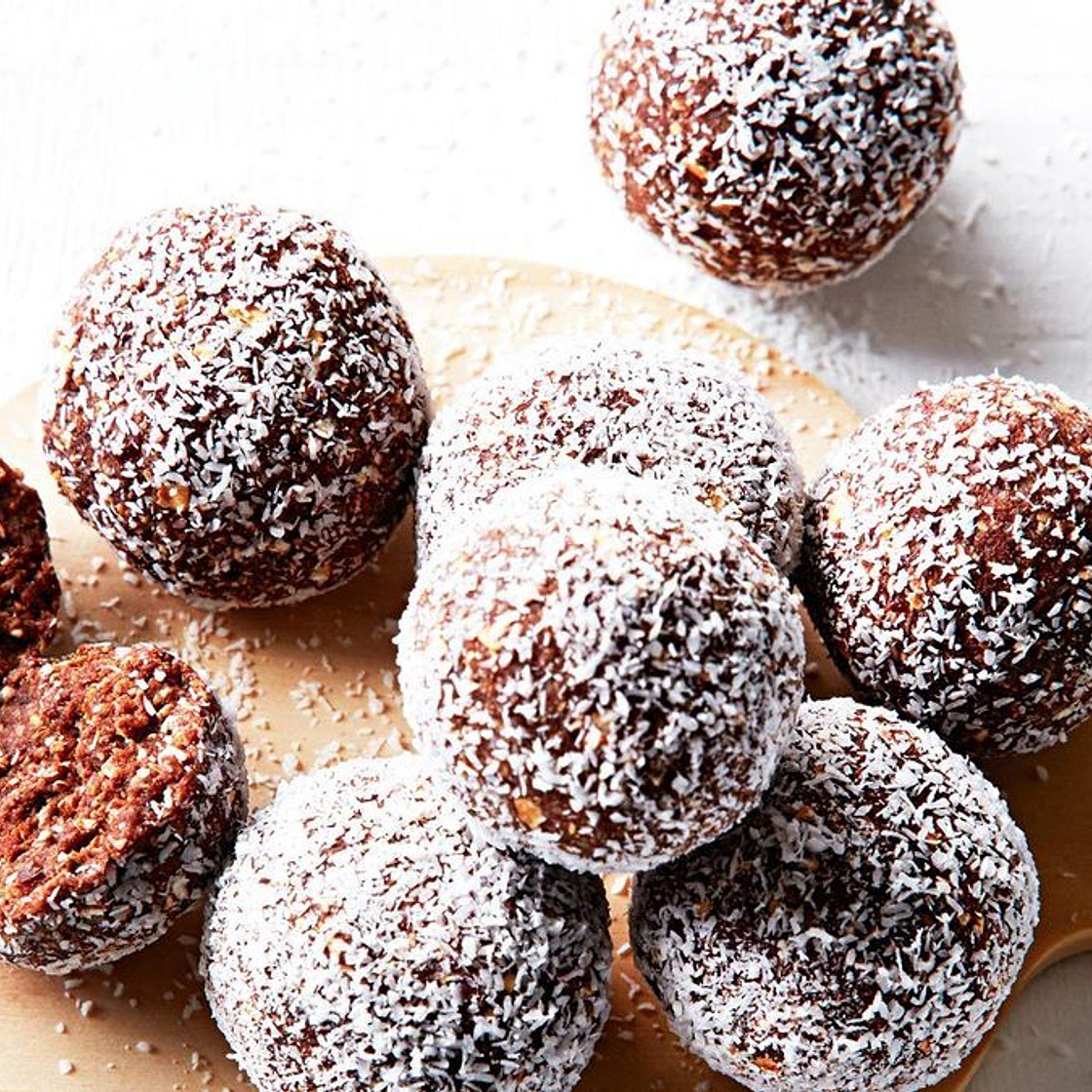 Nut-free cacao and coconut bliss balls