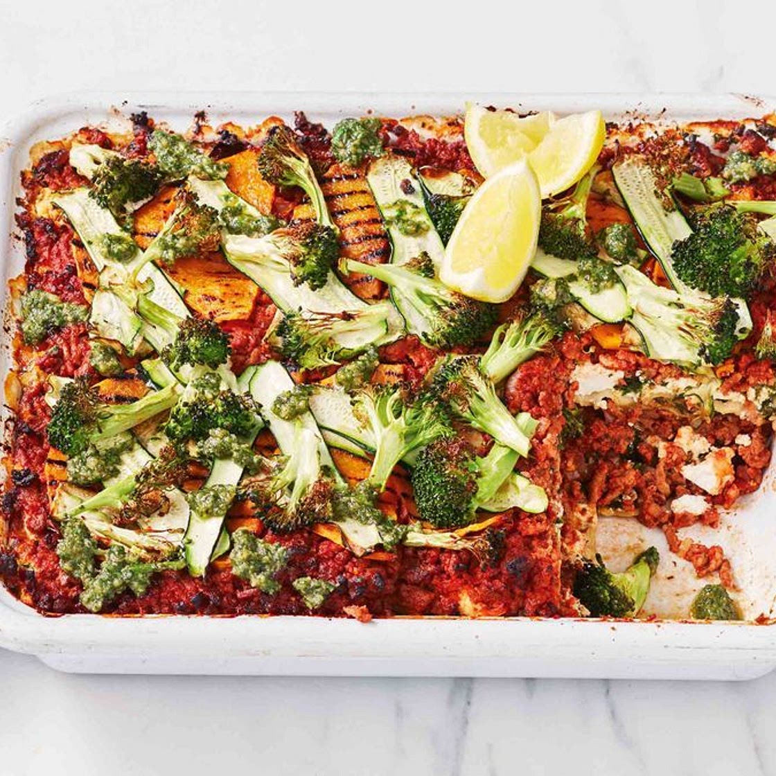 Five-veg lasagne with lemon basil pesto recipe