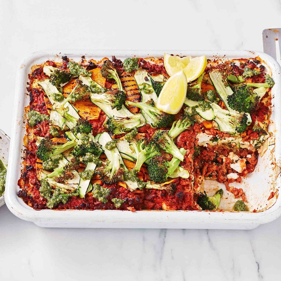 Five-veg lasagne with lemon basil pesto recipe
