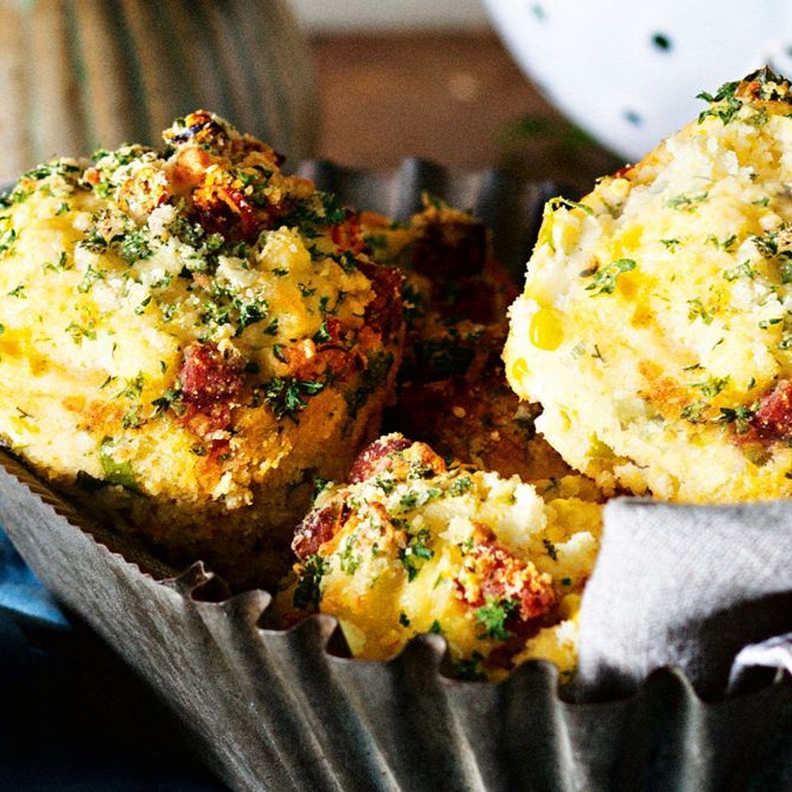 Chorizo, corn and chilli streusel muffins