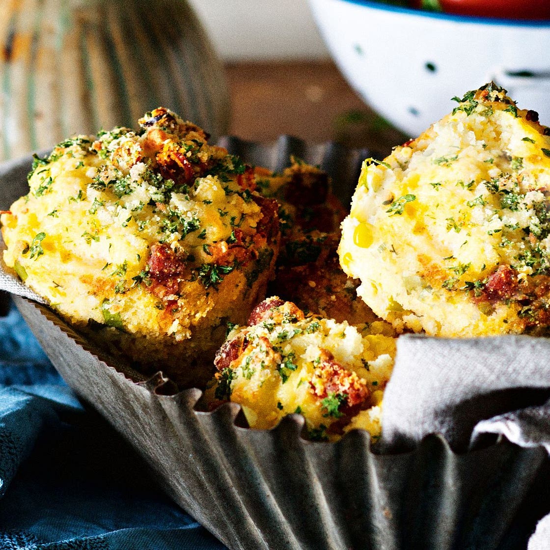 Chorizo, corn and chilli streusel muffins