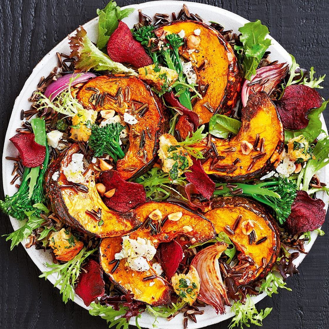 Roast pumpkin salad with garlic croutons and maple dressing