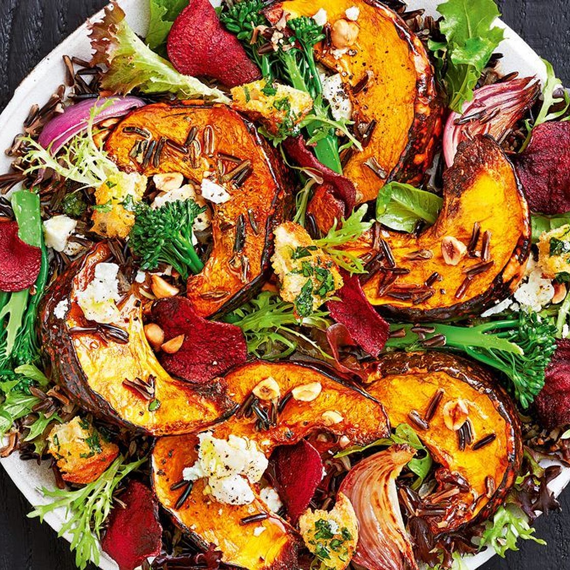 Roast pumpkin salad with garlic croutons and maple dressing