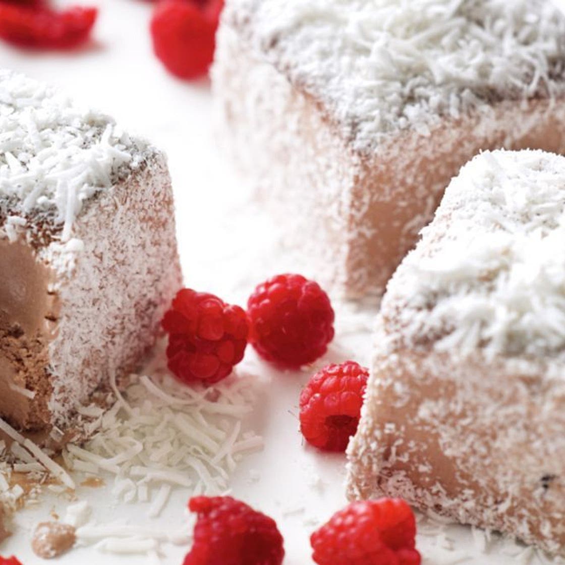 Frozen lamingtons with raspberries