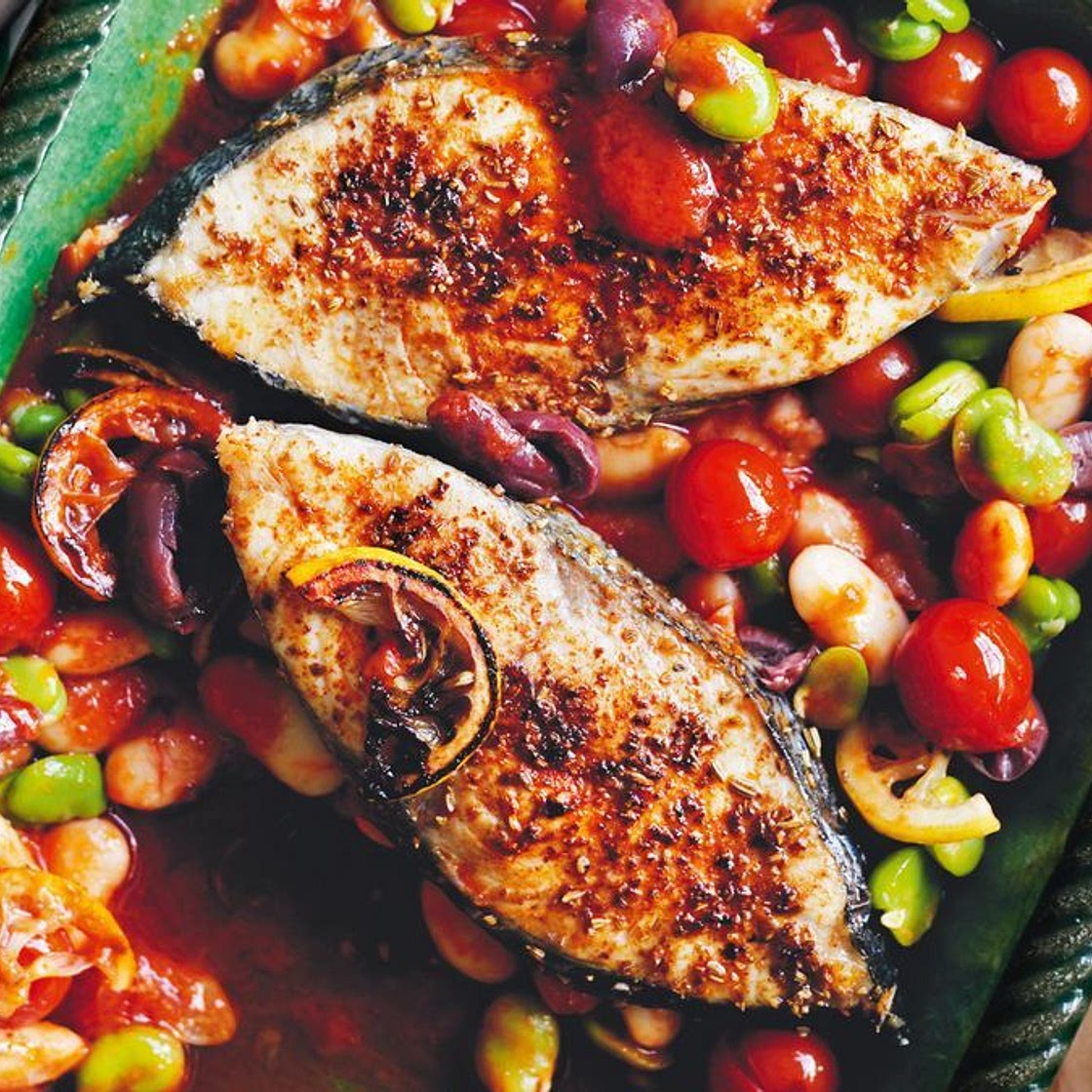 Baked fish with tomatoes, beans and olives