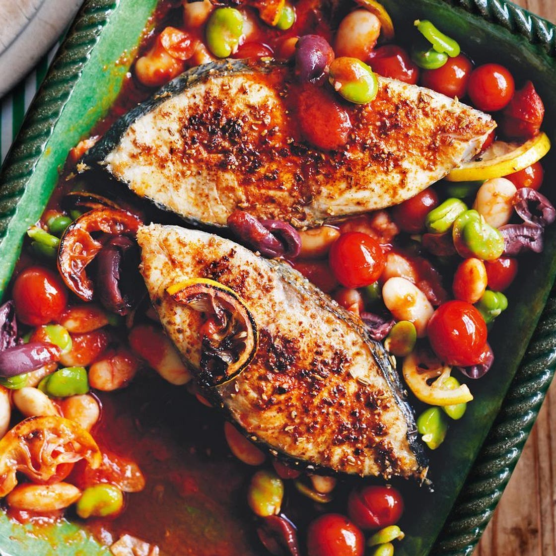 Baked fish with tomatoes, beans and olives