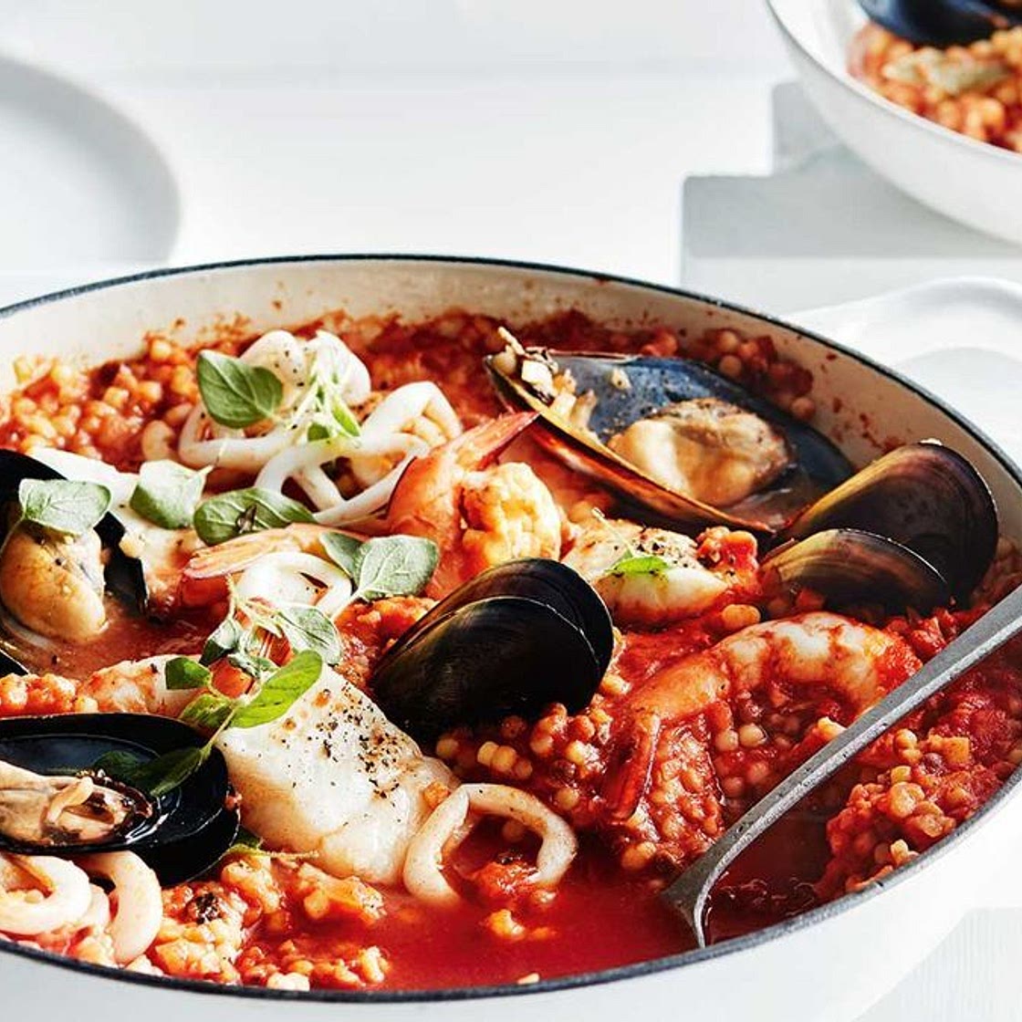 Seafood and tomato fregola