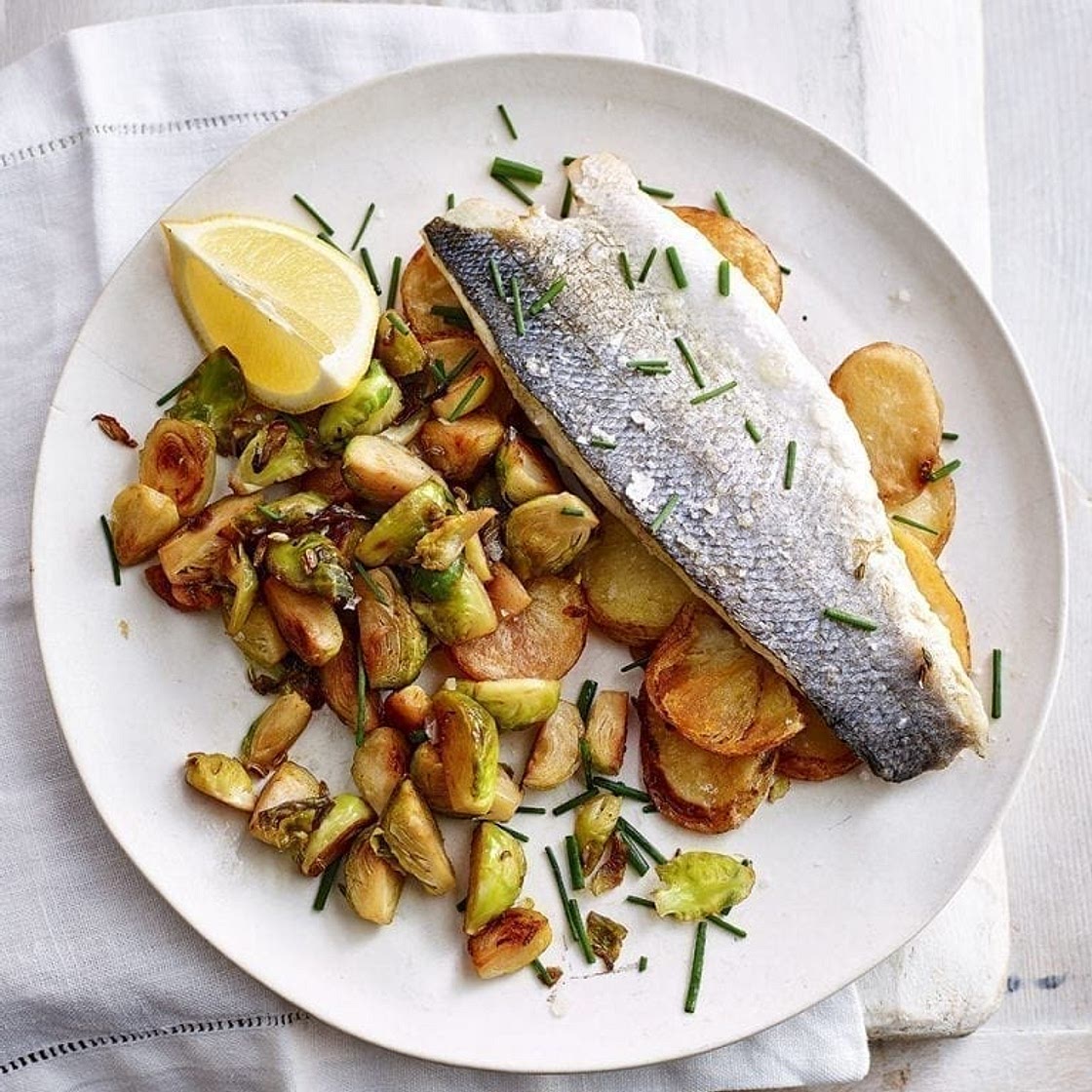 Easy baked fish and chips with fried brussels sprouts