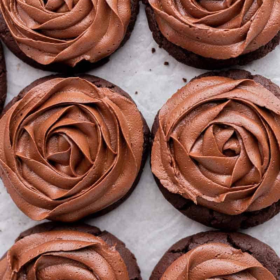 CRUMBL chocolate cake cookies with chocolate frosting