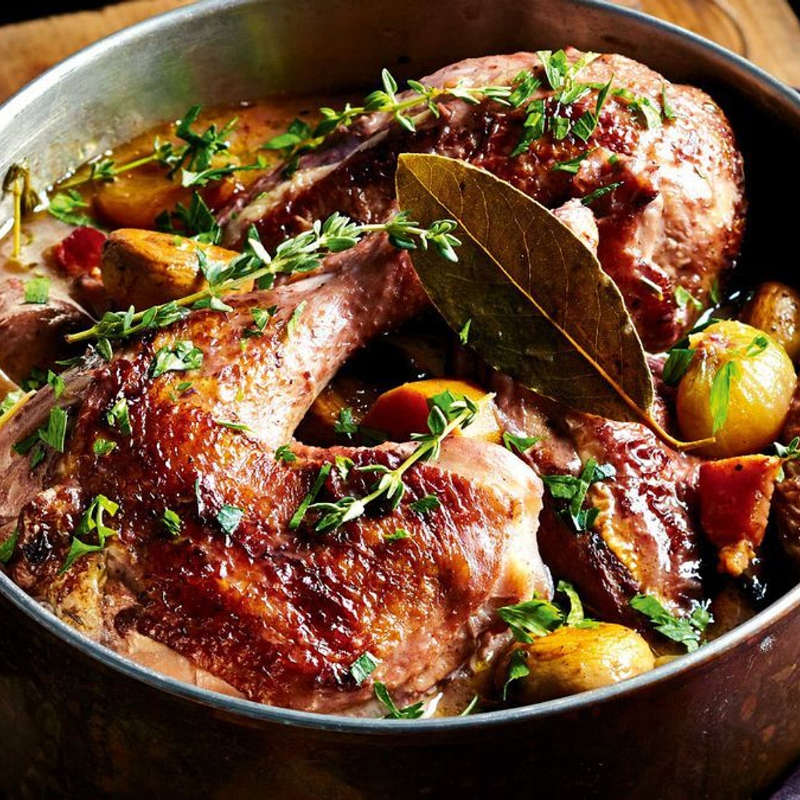 Slow-cooked coq au vin