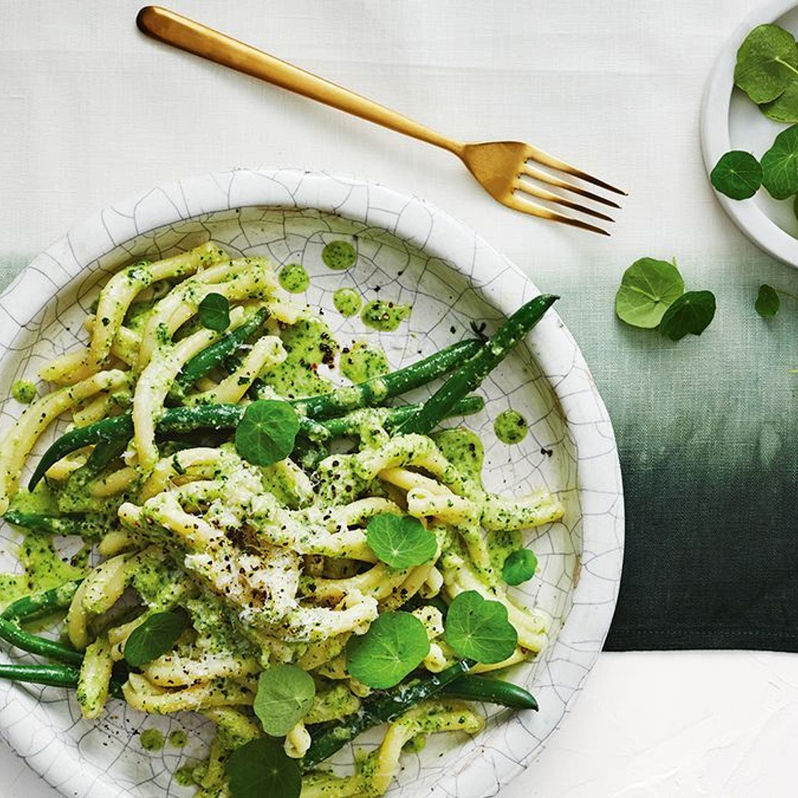 Matt Preston's trofie with nasturtium and macadamia pesto