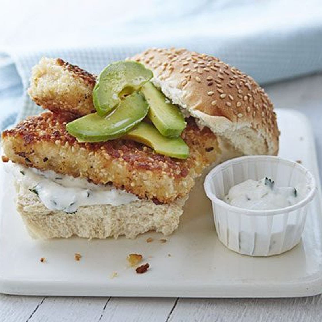 Crispy sesame fish burger with lime mayo