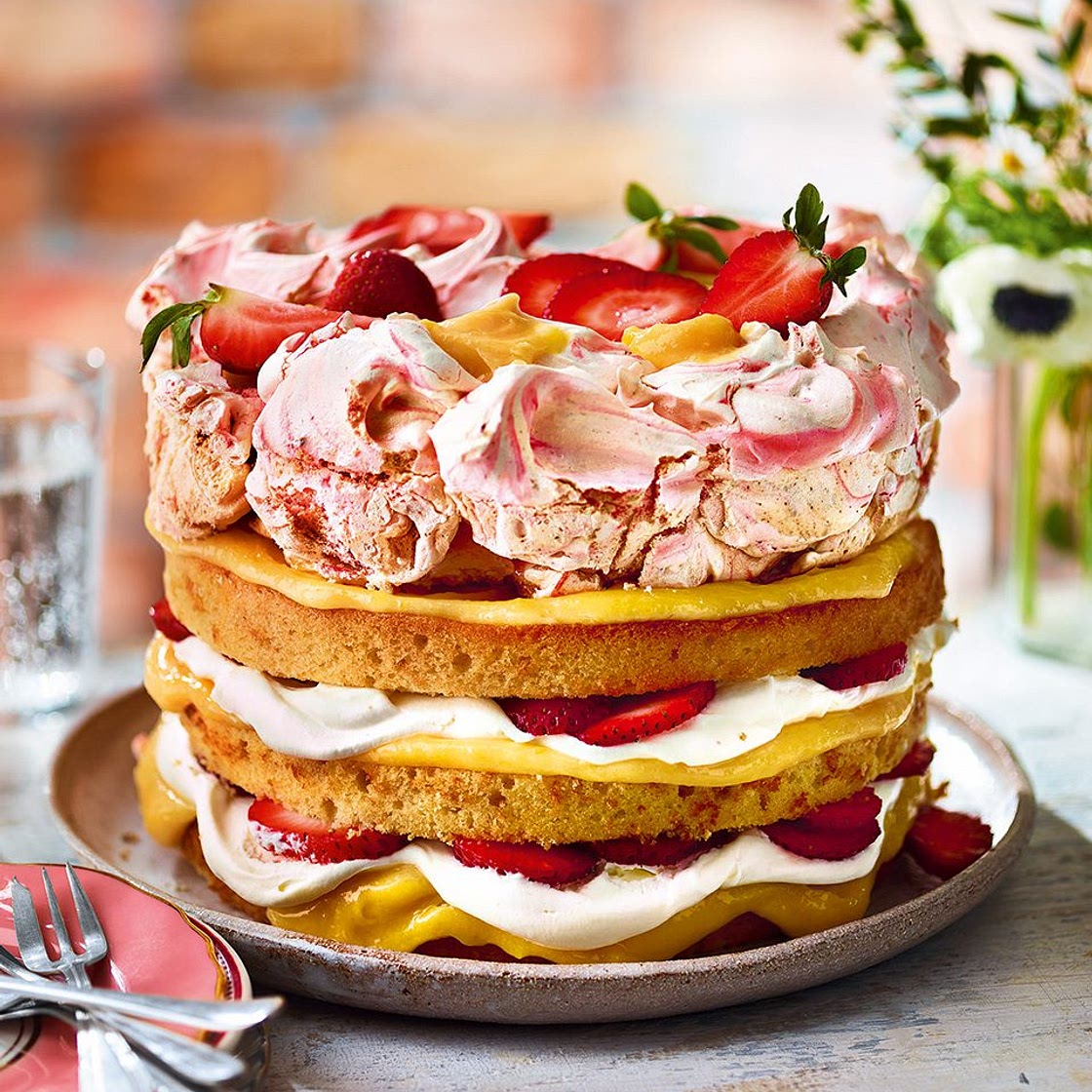 Lemon and strawberry meringue cake