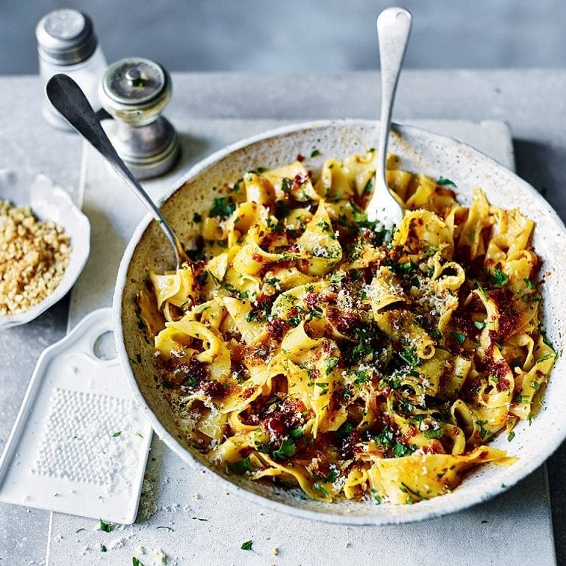 Sicilian lemon pappardelle with ‘nduja and crunchy breadcrumbs