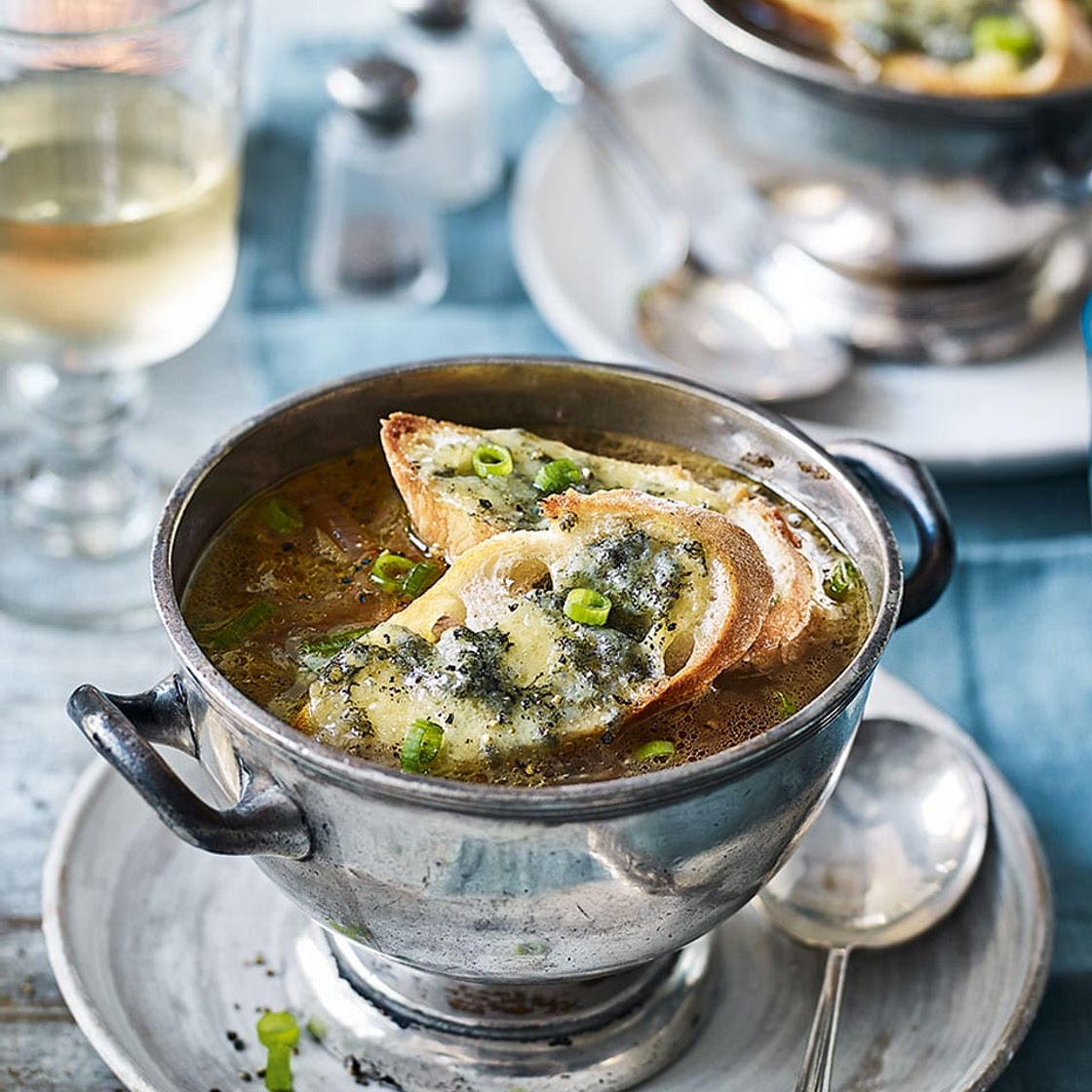 Three-onion soup with stilton croutons
