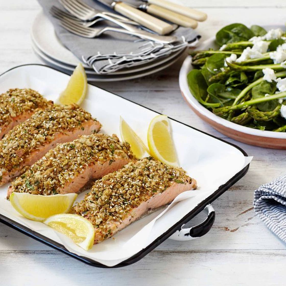Baked salmon fillets with dukkah crumb